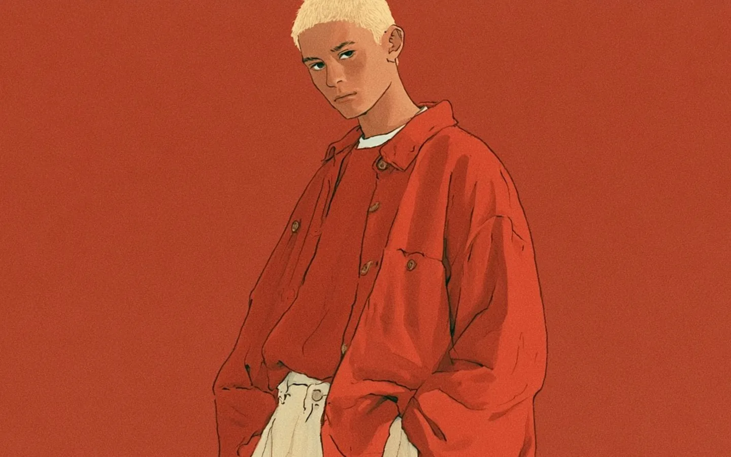 A stylized fashion portrait of a person dressed in red