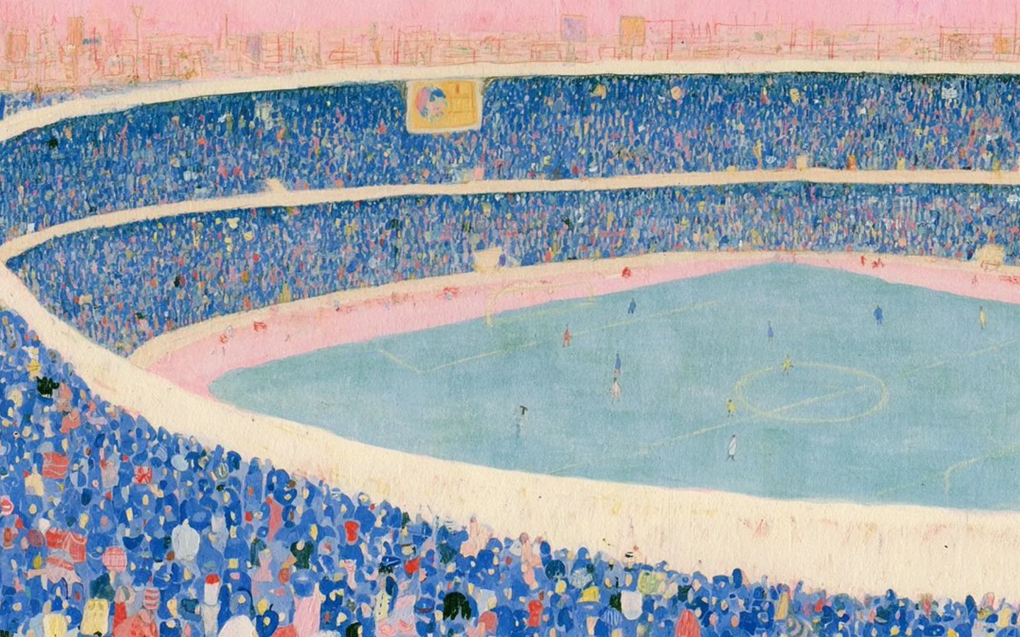 Pastel illustration of a crowded stadium surrounding a pale blue playing field