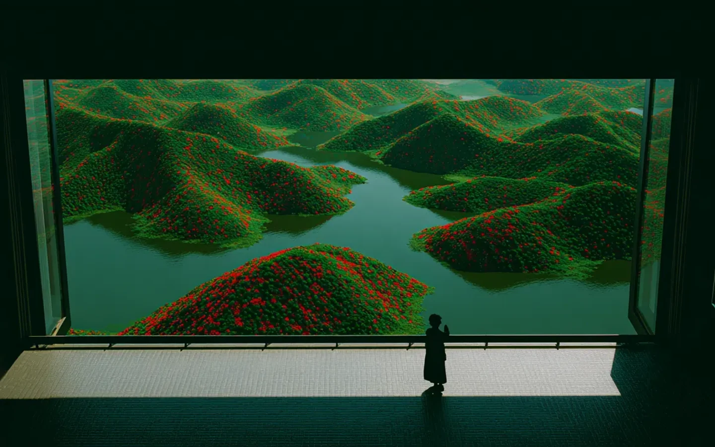 A silhouetted visitor facing a panoramic display of green hills, red flowers, and winding water