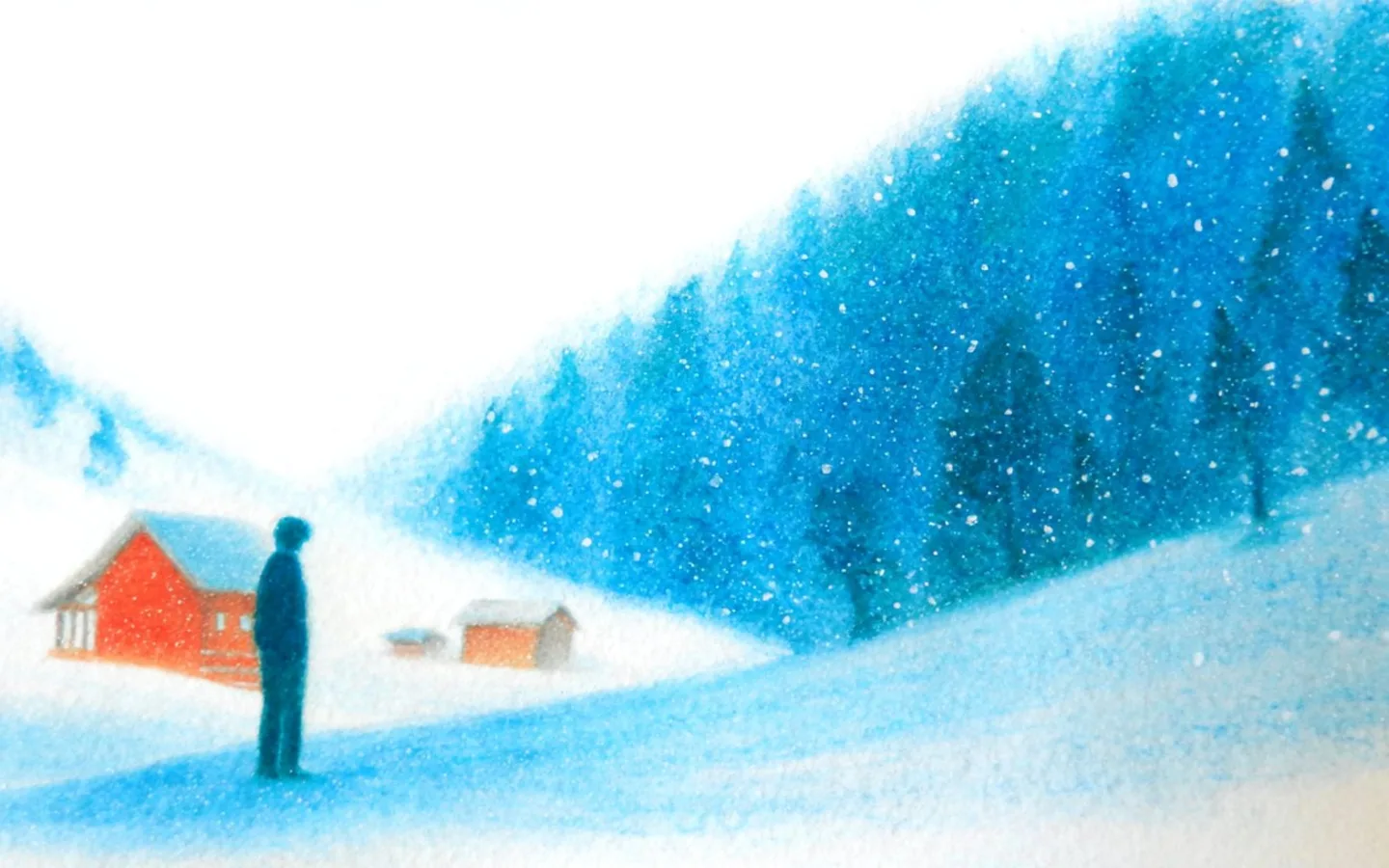 A solitary person standing near cabins beneath a snowy blue mountain