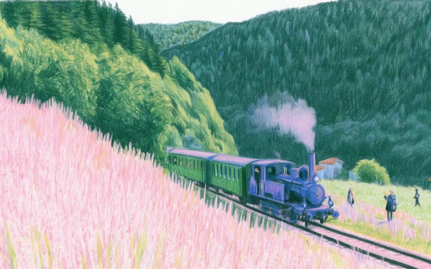 A small train traveling through colorful fields beside a forest