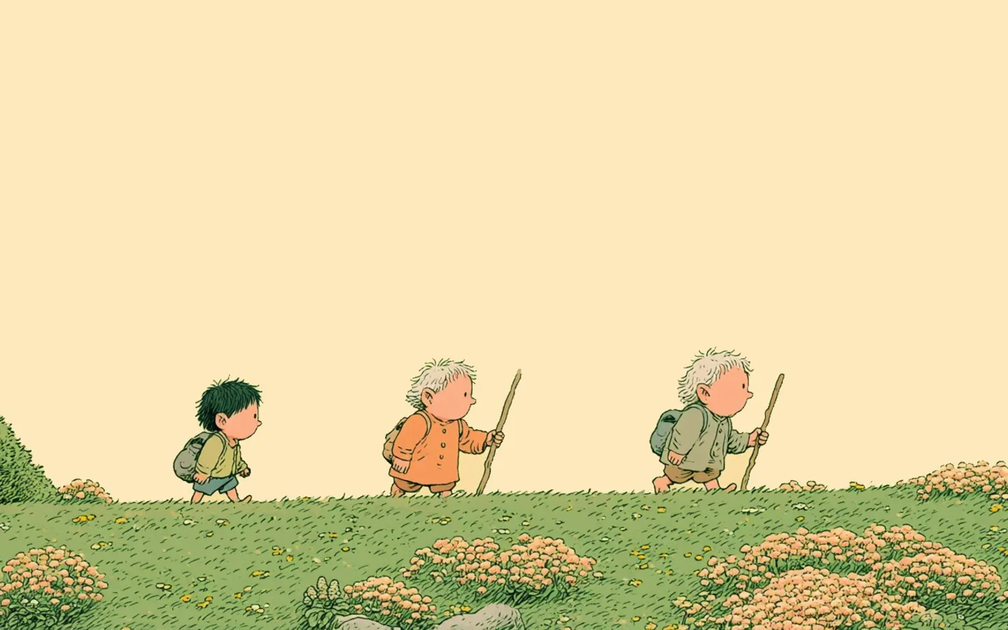 Three people walking across a small flower-filled field