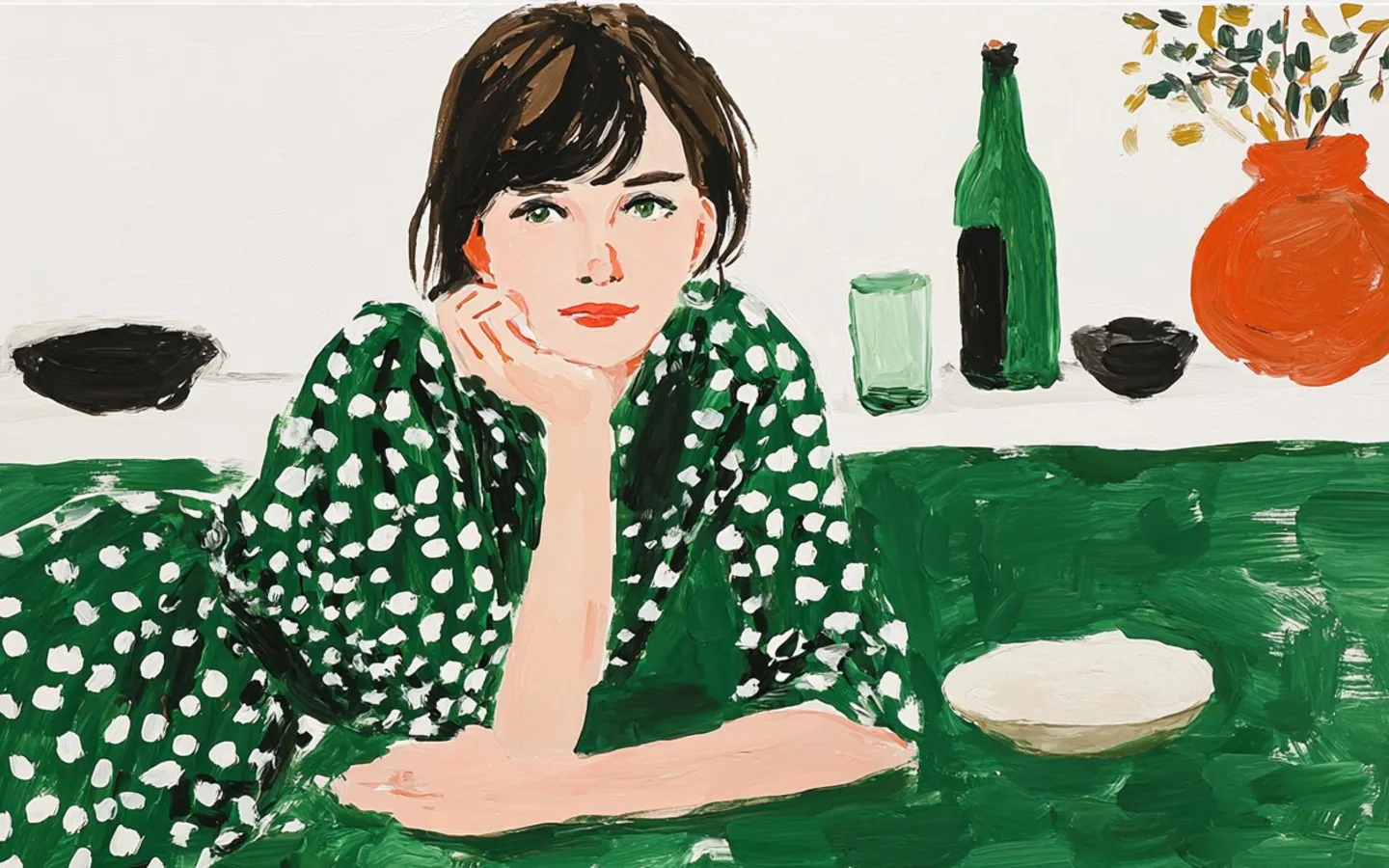 An illustrated woman seated at a table in a green patterned dress