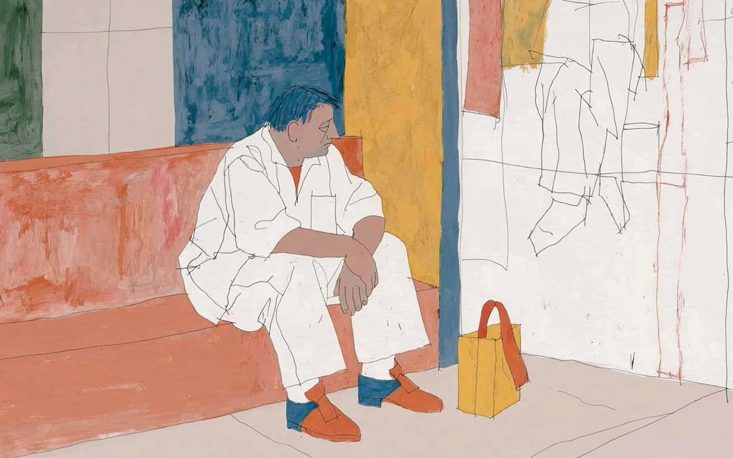 Illustration of a person in white sitting on an orange bench beside a yellow shopping bag